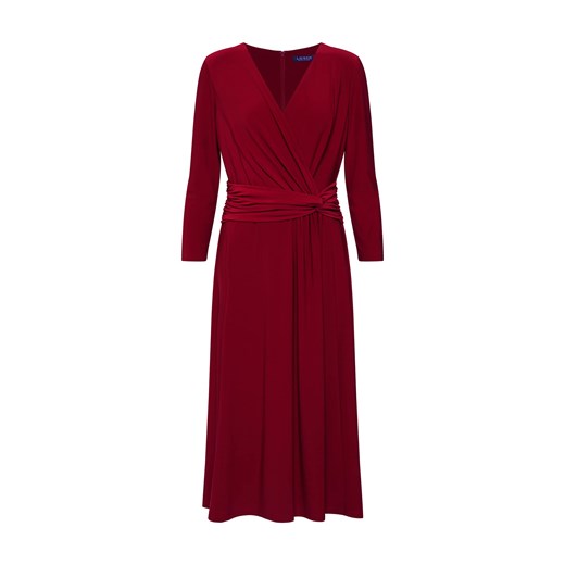 Sukienka Lauren Ralph z długim rękawem czerwona gładka na sylwestra z tkaniny midi z dekoltem w serek 