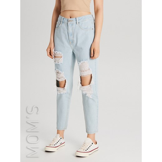 Cropp - Mom jeans z przetarciami - Niebieski Cropp  38 