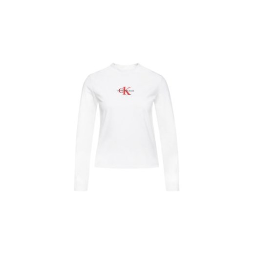 Bluzka damska biała Calvin Klein z napisem z okrągłym dekoltem na wiosnę casual z długim rękawem 