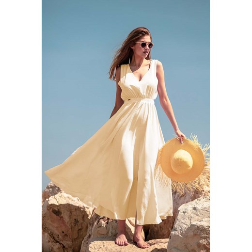 Fobya sukienka wiosenna bez rękawów z dekoltem w serek żółta elegancka 