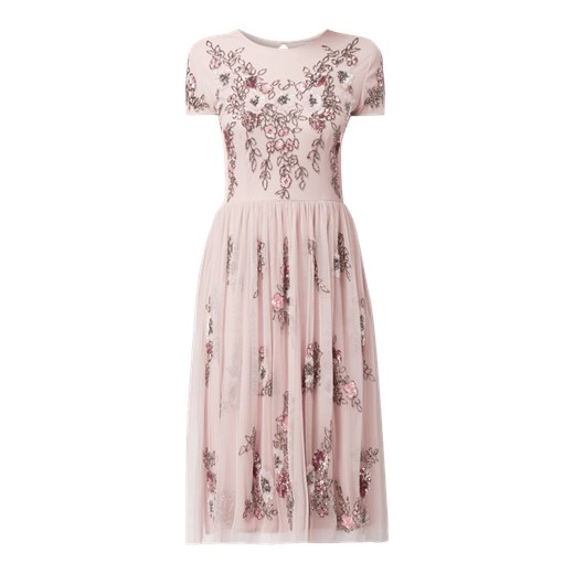 Sukienka różowa Lace & Beads z krótkim rękawem z okrągłym dekoltem midi rozkloszowana 