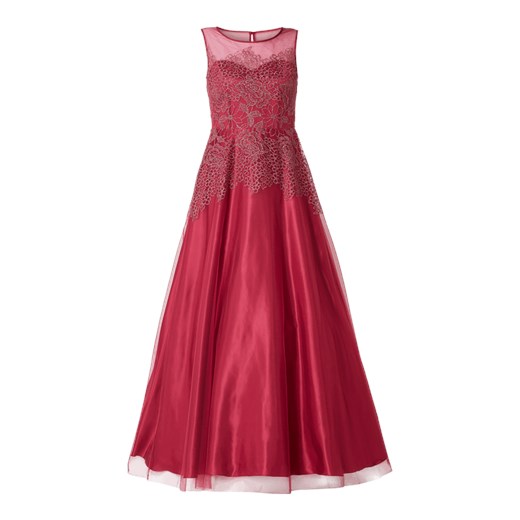Sukienka Vera Mont czerwona bez rękawów z okrągłym dekoltem z haftem 
