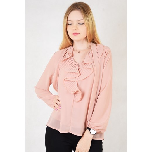 Różowa bluzka koszulowa z żabotem i wiązaniem   uniwersalny okazyjna cena berry.com.pl 