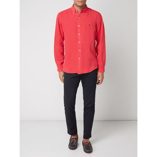 Różowa koszula męska Polo Ralph Lauren lniana z długimi rękawami z klasycznym kołnierzykiem 