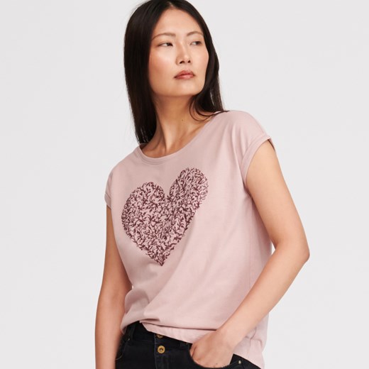 Reserved bluzka damska w nadruki młodzieżowa z okrągłym dekoltem różowa 