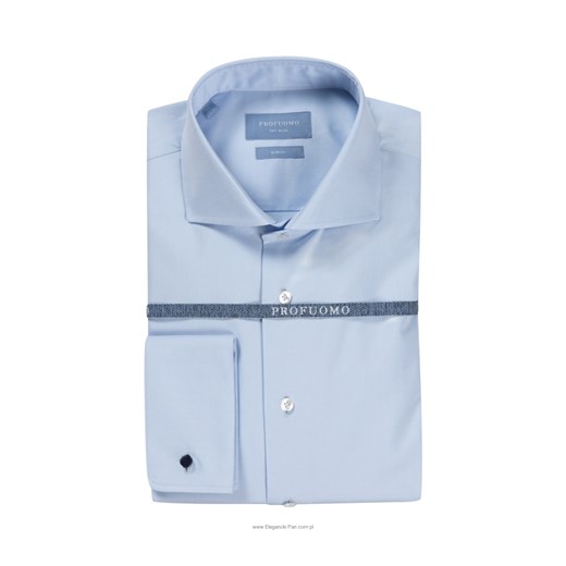 Extra długa błękitna koszula taliowana  (SLIM FIT) z mankietami na spinki eleganckipan-com-pl niebieski delikatne
