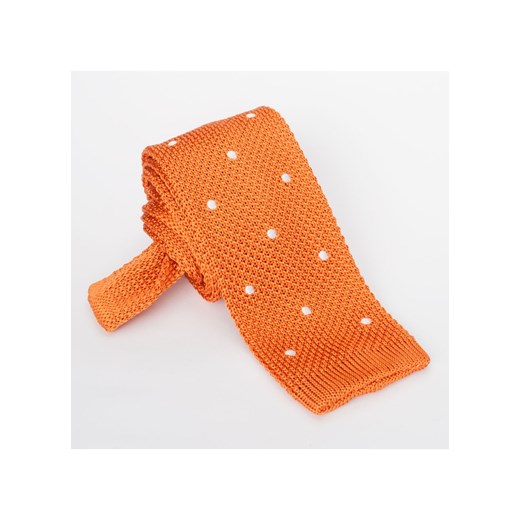 Pomarańczowy jedwabny krawat z dzianiny - knit w białe grochy eleganckipan-com-pl pomaranczowy dzianina