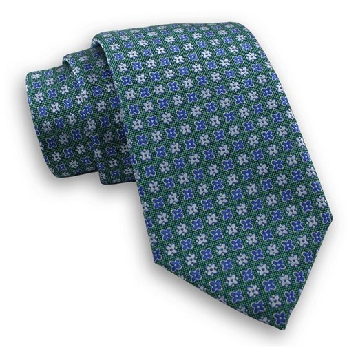 Zielony Męski Stylowy Krawat -Chattier- 7,5cm, Klasyczny, w Niebieskie Kwiatki, Szeroki KRCH1057 ze sklepu JegoSzafa.pl w kategorii Krawaty - zdjęcie 72683219