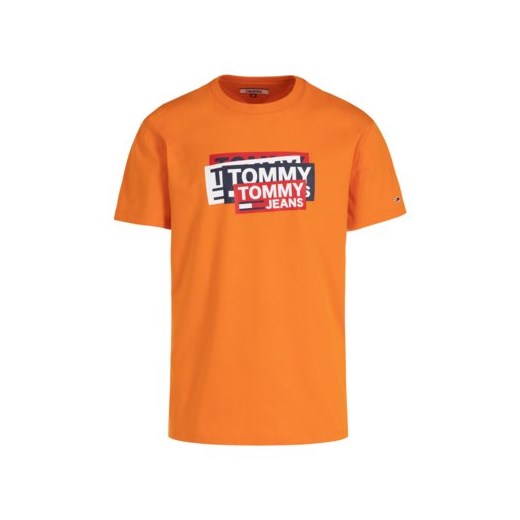 T-shirt męski Tommy Jeans pomarańczowa z krótkim rękawem z napisem 