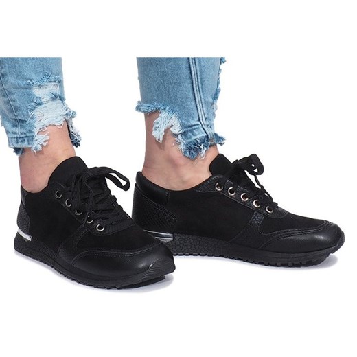 Buty sportowe damskie Butymodne w stylu młodzieżowym czarne płaskie sznurowane bez wzorów 