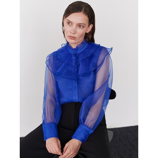 Koszula damska Reserved z kołnierzykiem z długim rękawem niebieska 