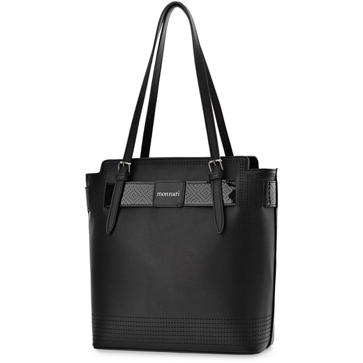 Elegancka torebka damska monnari shopper bag na ramię z lakierowanymi ażurowymi wstawkami - czarny Monnari   world-style.pl wyprzedaż 