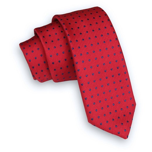 Krwisty Czerwony Klasyczny Męski Krawat -ALTIES- 6cm, w Granatowe Kropki, Groszki KRALTS0343 ze sklepu JegoSzafa.pl w kategorii Krawaty - zdjęcie 72971685