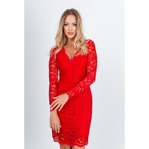 Sukienka z czerwonej koronki z wycięciem na dekolcie Zoio  XL promocja zoio.pl 