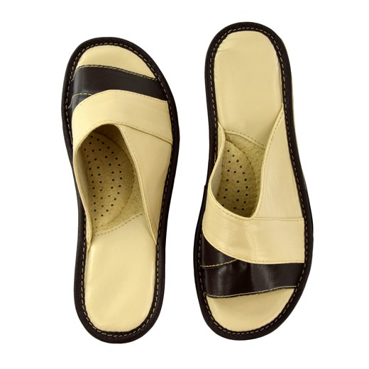 Skórzane pantofle damskie - brązowy || ecru  Jk Collection  JK-Collection