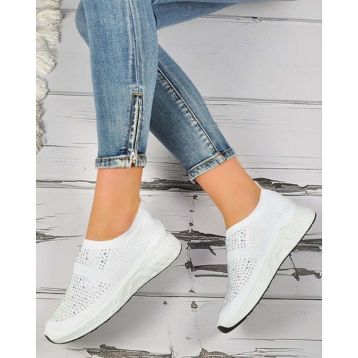 Buty sportowe damskie sneakersy białe płaskie z aplikacjami  casual bez zapięcia 