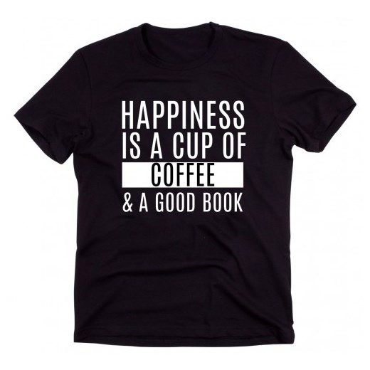 Czarny Klasyczny T-shirt "HAPPINESS IS A CUP OF COFFEE.."