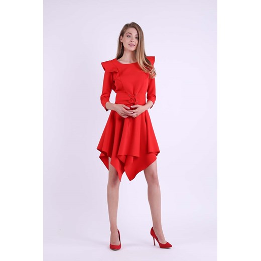 Czerwona Asymetryczna Sukienka Wizytowa ze Sznurowanym Paskiem Nommo  XS MOLLY.PL