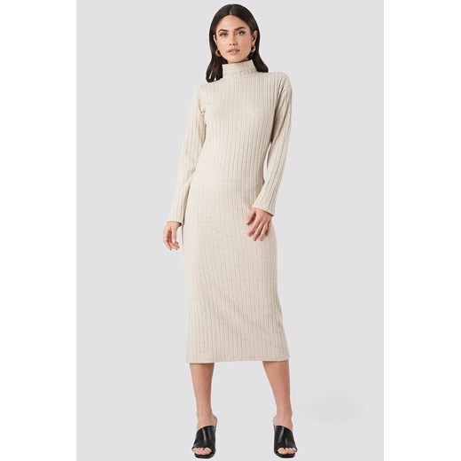 NA-KD Trend High Neck Ribbed Ankle Length Knitted Dress - Beige  NA-KD Trend S NA-KD