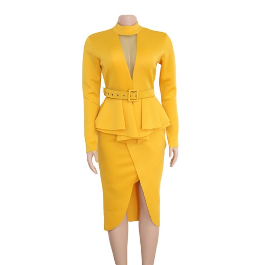 Żółta sukienka Elegrina baskinka bez wzorów z paskiem 