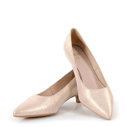 JESSICA - złote rose gold czółenka niskie, struktura satynowa Gassu 41 Gassu