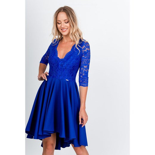 Sukienka Zoio niebieska na sylwestra z długim rękawem mini z dekoltem w serek 