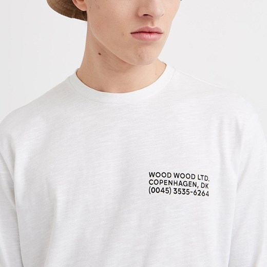 T-shirt męski biały Wood z napisami z długimi rękawami 