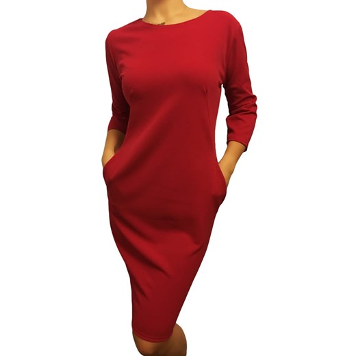 Czerwona Sukienka z Kieszeniami 2132-61-A  Modnakiecka.pl 40  wyprzedaż 