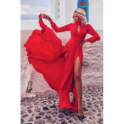 Sukienka IVET czerwona z długim rękawem bez wzorów elegancka 