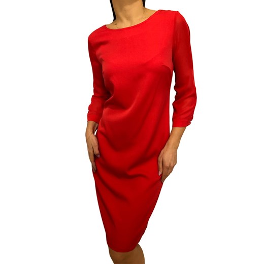Czerwona Sukienka z Szyfonowym Rękawem 2449-21-E Modnakiecka.pl  44  promocyjna cena 