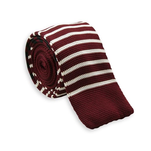 Dziergany Krawat Męski Knit w Cienkie Białe Pasy -5,5cm- Chattier, Bordowy KRCH0788