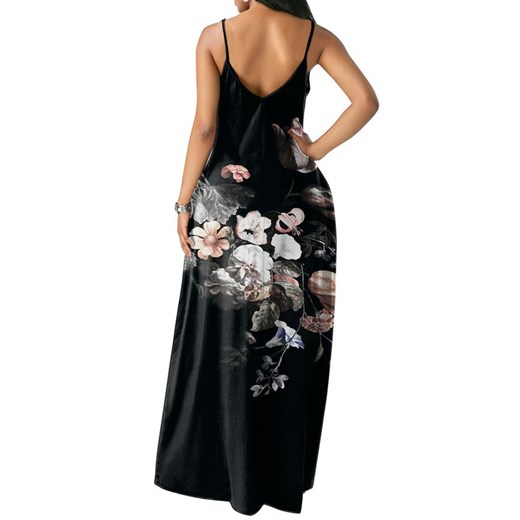 Czarna sukienka Elegrina z dekoltem w serek maxi na spacer na ramiączkach 