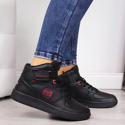 Buty sportowe damskie Cross Jeans sneakersy płaskie czarne na rzepy bez wzorów 