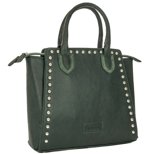 Shopper bag Maciejka ze zdobieniami elegancka zielona skórzana do ręki z aplikacjami 