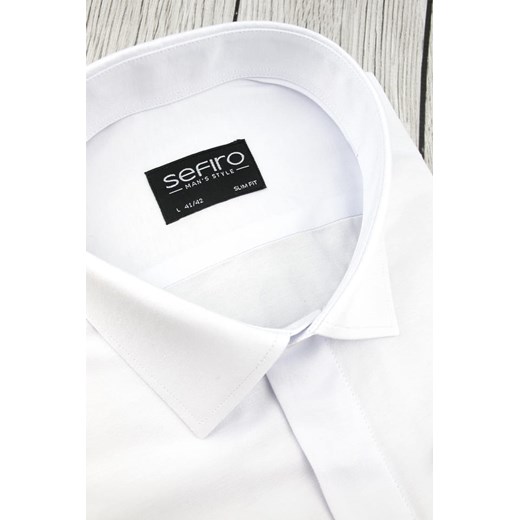 Koszula Męska Sefiro gładka biała z kryta plisą i podwójnymi mankietami na spinki SLIM FIT A170  Sefiro L swiat-koszul.pl