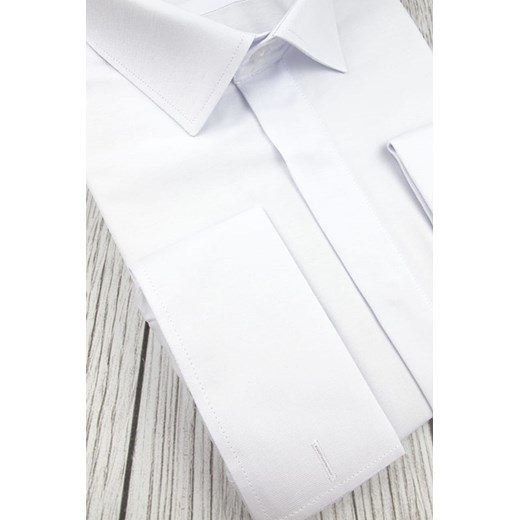 Koszula Męska Sefiro gładka biała z kryta plisą i podwójnymi mankietami na spinki SLIM FIT A170  Sefiro XXL swiat-koszul.pl