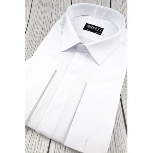 Koszula Męska Sefiro gładka biała z kryta plisą i podwójnymi mankietami na spinki SLIM FIT A170  Sefiro XL swiat-koszul.pl