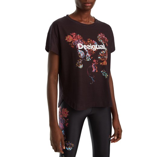 Desigual czarna koszulka sportowa TS Tee Oversize Patch z kolorowymi motywami
