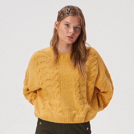 Sinsay - Szenilowy sweter z ozdobnym splotem - Żółty  Sinsay XS 