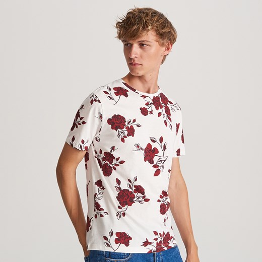 Reserved - T-shirt z roślinnym printem - Kremowy Reserved  XL 