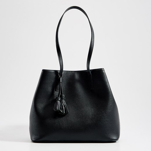 Mohito shopper bag z frędzlami czarna elegancka matowa duża 