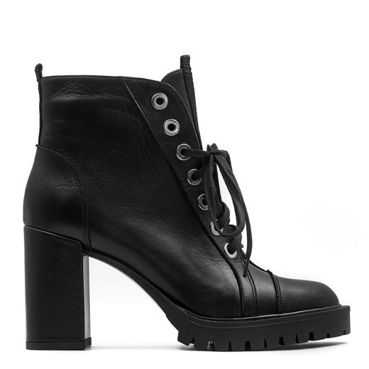 Czarne skórzane sznurowane botki na grubym słupku i grubej podeszwie 272B  Neścior 40 promocja NESCIOR 