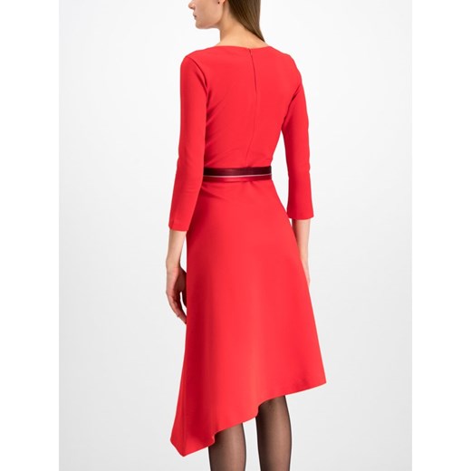 Sukienka Hugo Boss czerwona z okrągłym dekoltem asymetryczna z długim rękawem midi 