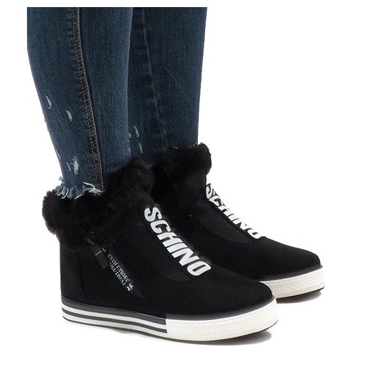 Czarne sneakersy damskie Butymodne młodzieżowe zamszowe na zimę na koturnie 