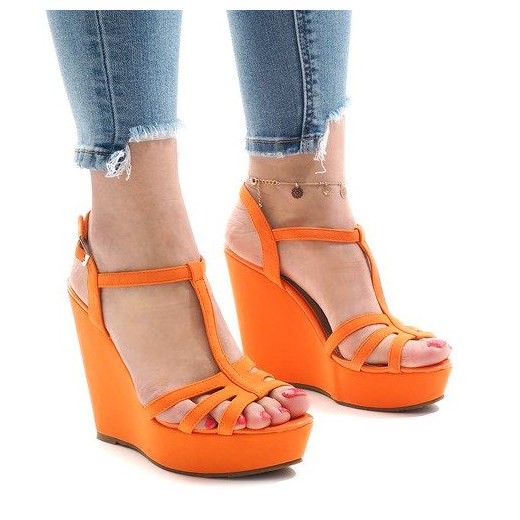Butymodne sandały damskie pomarańczowe z klamrą bez wzorów eleganckie na lato 