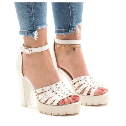 Butymodne sandały damskie białe na wysokim obcasie 