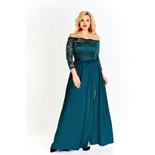 Bosca Fashion sukienka na karnawał z dekoltem typu hiszpanka jesienna niebieska dla puszystych z długimi rękawami maxi 