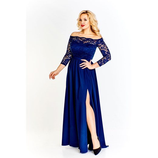 Sukienka Bosca Fashion niebieska z długim rękawem z odkrytymi ramionami na karnawał maxi z dekoltem typu hiszpanka 