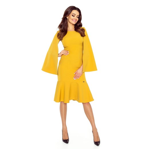 Sukienka Ptakmoda.com z okrągłym dekoltem żółta z długim rękawem 