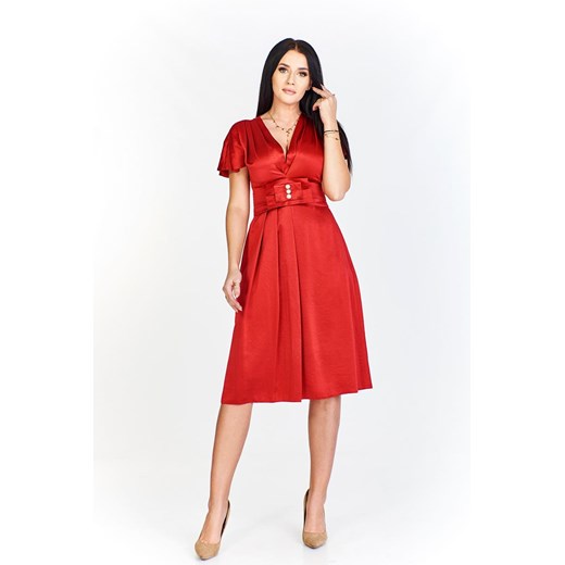 Czerwona sukienka Fokus bez wzorów midi z dekoltem w serek elegancka na randkę 